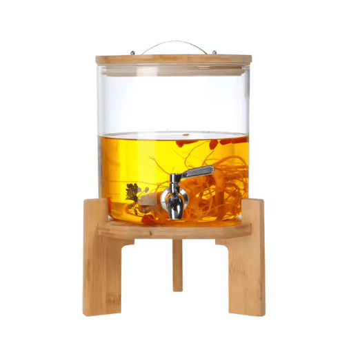 Glass Drink Jar with Wooden Stand and Tap Beverage Dispenser for Home