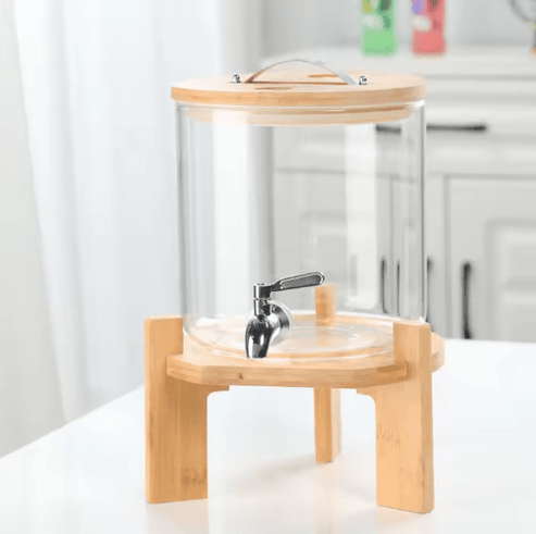 Glass Drink Jar with Wooden Stand and Tap Beverage Dispenser for Home